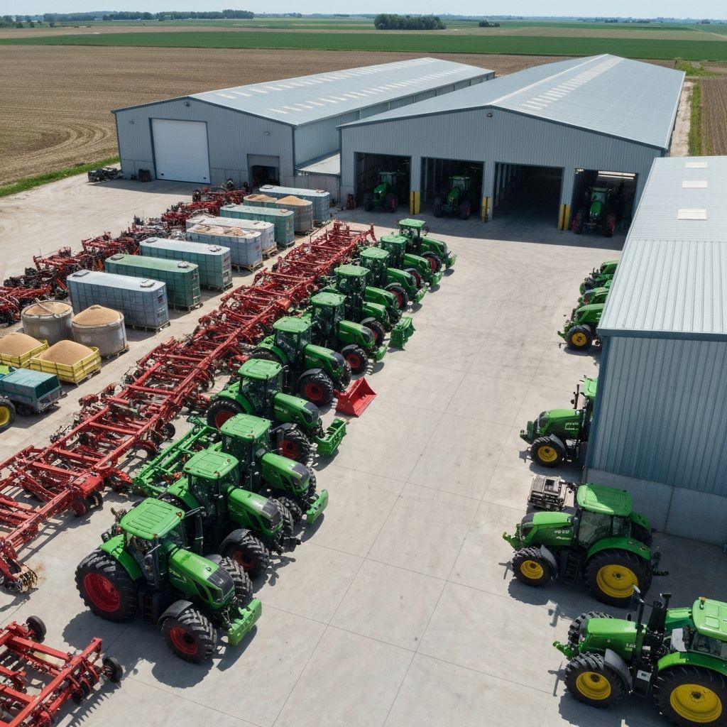 Galpão agrícola com tratores e armazenamento