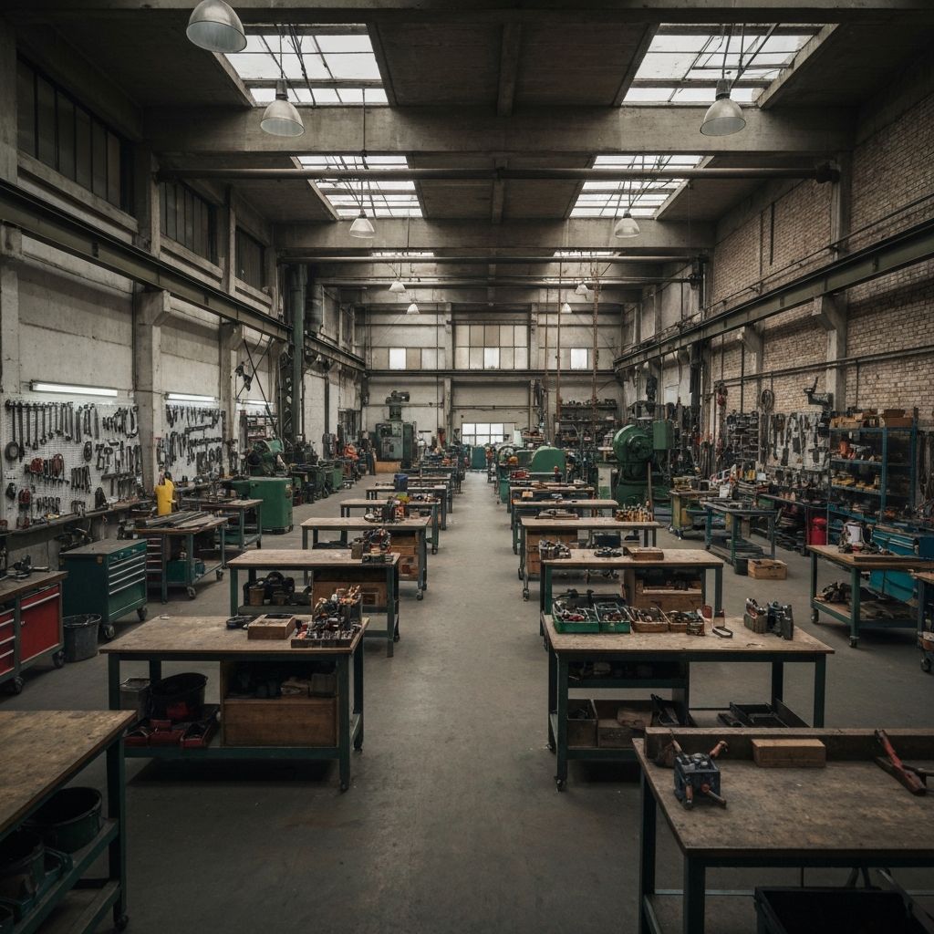 Oficina industrial com ferramentas e equipamentos