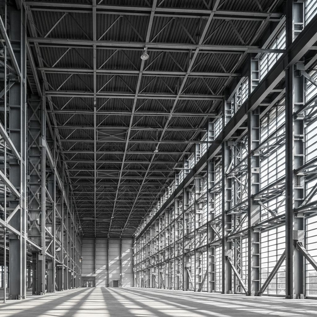 Grande galpão industrial com estrutura metálica moderna